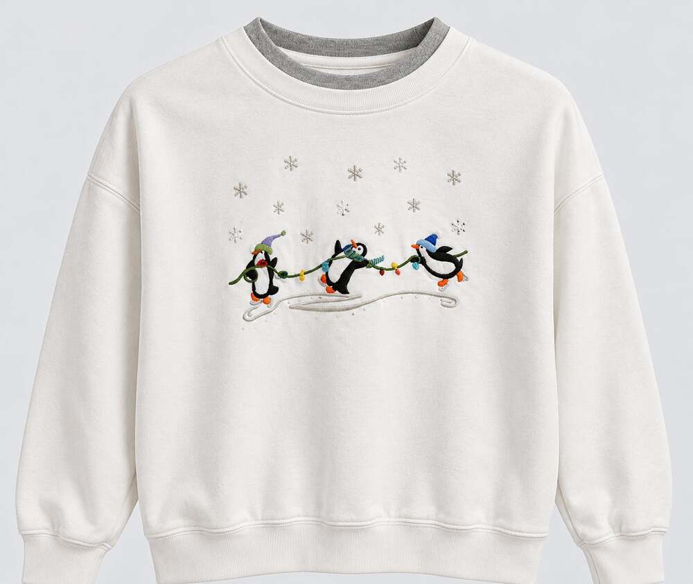 Vintage Penguin Christmas Sweatshirt Embroidered Ice Skating Winter Womens XL